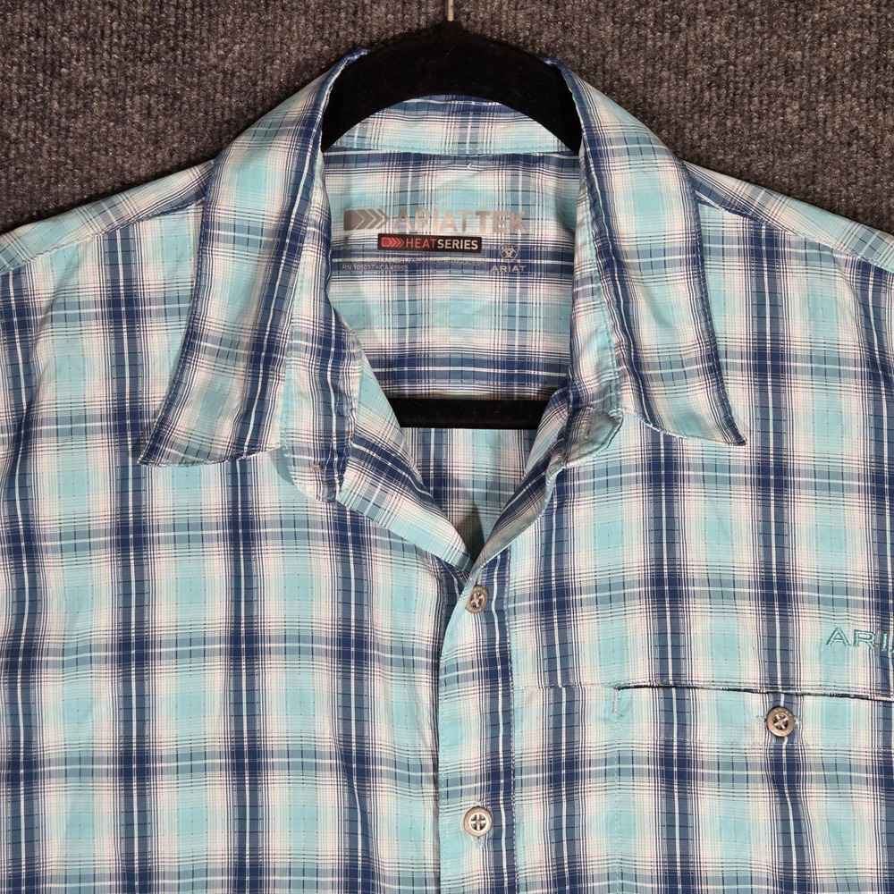 Ariat Tek Heat Series Mens XL Blue Plaid Short Sleeve Button Down Western Shirt